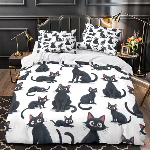 Housse de couette chat noir 200x200 cm avec taies en microfibre 3D - 2