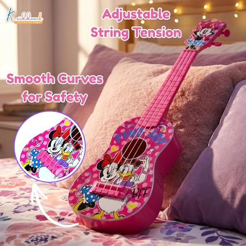 Image of Minnie Guitar (Big) - 4-String Musical Toy for Kids with Adjustable Tension, Fingerstyle Tab & Pick - Portable Pink Guitar for Girls 3+ Years - Fun Educational Disney Themed Birthday Gift