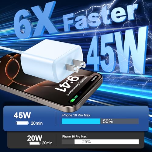Image of Phone 17 16 Pro Max Charger Fast Charging,45W Phone 17 Charger Type C Chargers USB C Charge Block &10FT Long C Charging Cables Cord for Phone 17 /17 Pro / 17 Pro Max /Air /Phone 16 15 Pro Max,Blue