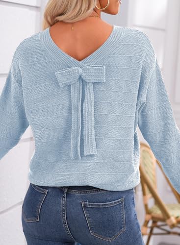 Image of EVALESS Sweaters for Women Long Sleeve Fall Outfits 2026 Back Bow Knot Sweaters Round Neck Solid Knit Pullover Tops