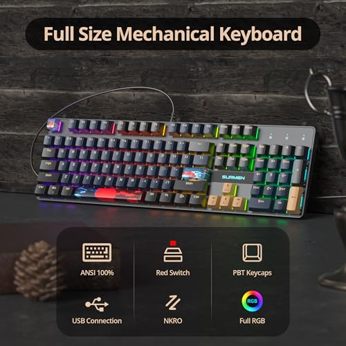 Image of RGB Gaming Mechanical Keyboard, 104 Keys Full Size Wired With Number Pad, Creamy Linear Red Switch NKRO for PC Gamer