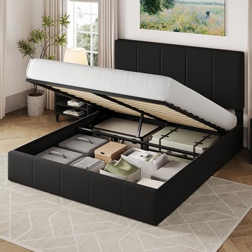 Allewie Queen Size Velvet Lift Up Storage Bed Frame, Vertical Channel Tufted Headboard, Hydrualic Underneath Storage, Upholstered Platform Bed, Wooden Slats Support, No Box Spring Needed, Black