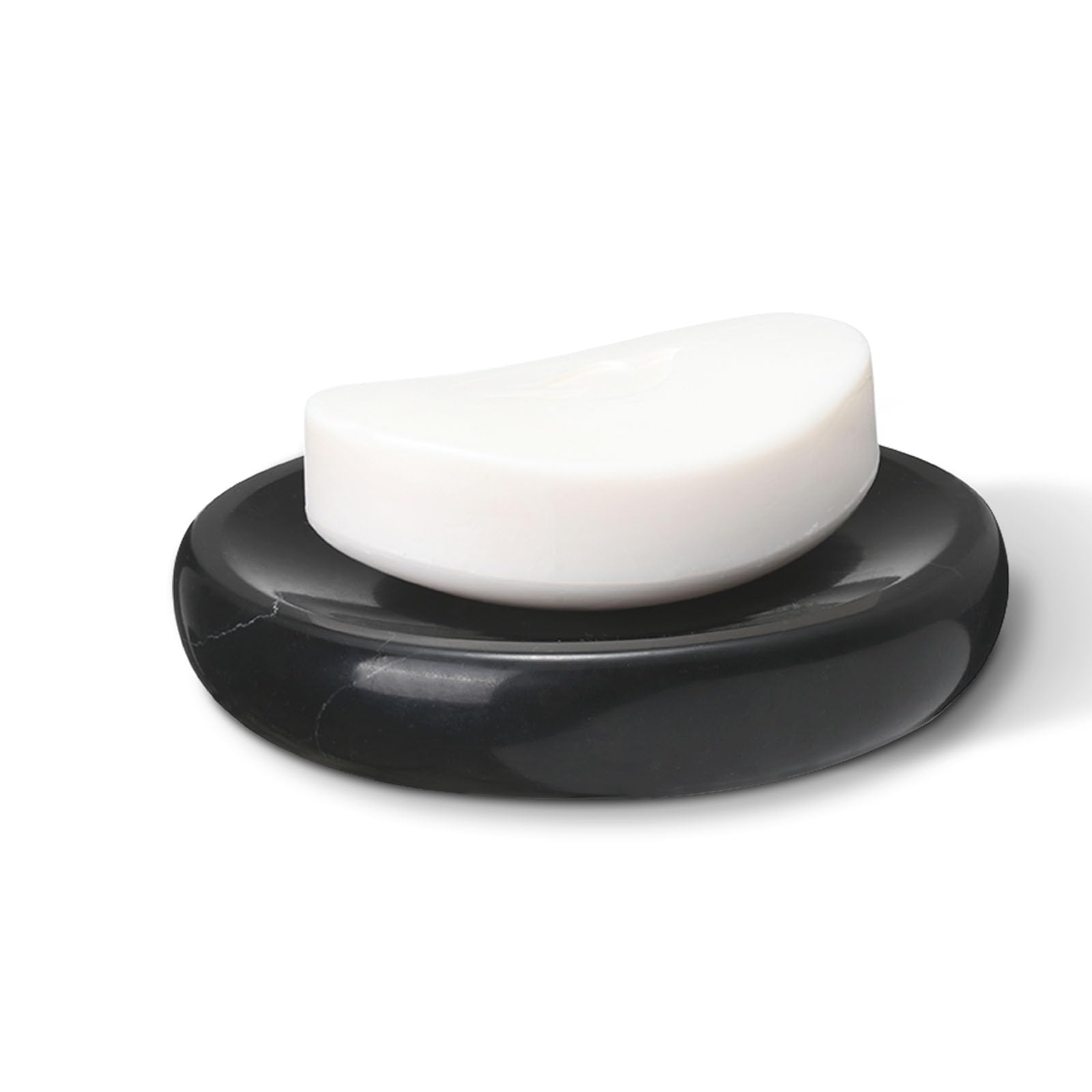 HAMAKAWA Natural Marble Soap Dish, Black Round Jewelry Dish 4.5 inch, Limestone Shower Soap Holder, Modern Stone Sponge Holder with White Stripe,