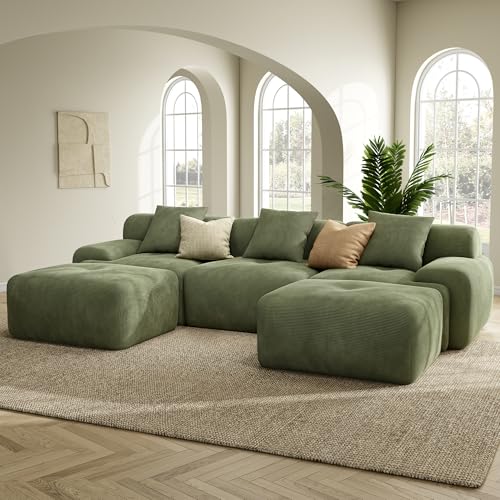 Image of LIKIMIO LumiCord 118 inch Tufted Modular Sectional Sofa, Modern U-Shaped Boneless Couch for Living Room, 26.8 inch Deep Seat, 18.1 inch High Seating, 15 inch Wide Armrest, Corduroy, Olive Green