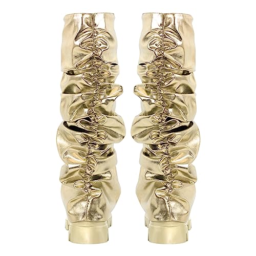 Image of LISHAN Women's Platform Heel Metallic Fold Over Pull on Shark Ruched Boots