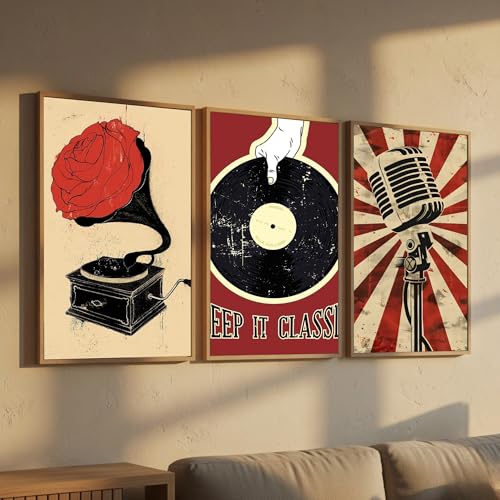 Image of DAKSHESTRY ARTWORKS Retro Music Wall Art Set of 3 with Frames | Minimalist Posters | Modern Aesthetic Music Decor for Bedroom, Living Room, Studio | Wooden Frame Ready to Hang