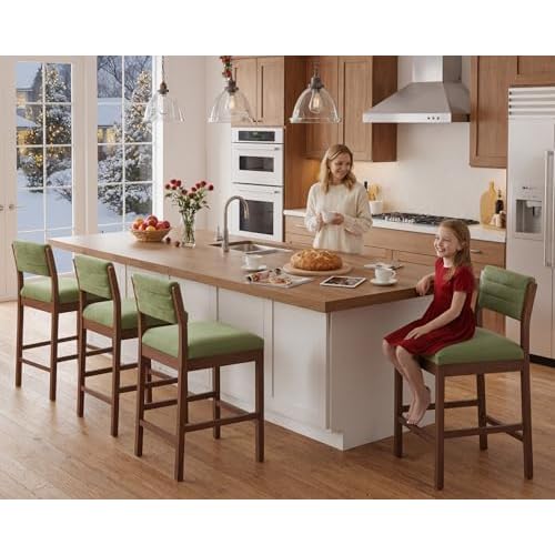 Green Velvet Bar Stools Set of 4, Modern Counter Height Barstools with Backs 26.5 Inches Tall Upholstered Bar Height Kitchen Island Stools with Wood Frame, Farmhouse Wooden Barstool for Kitc