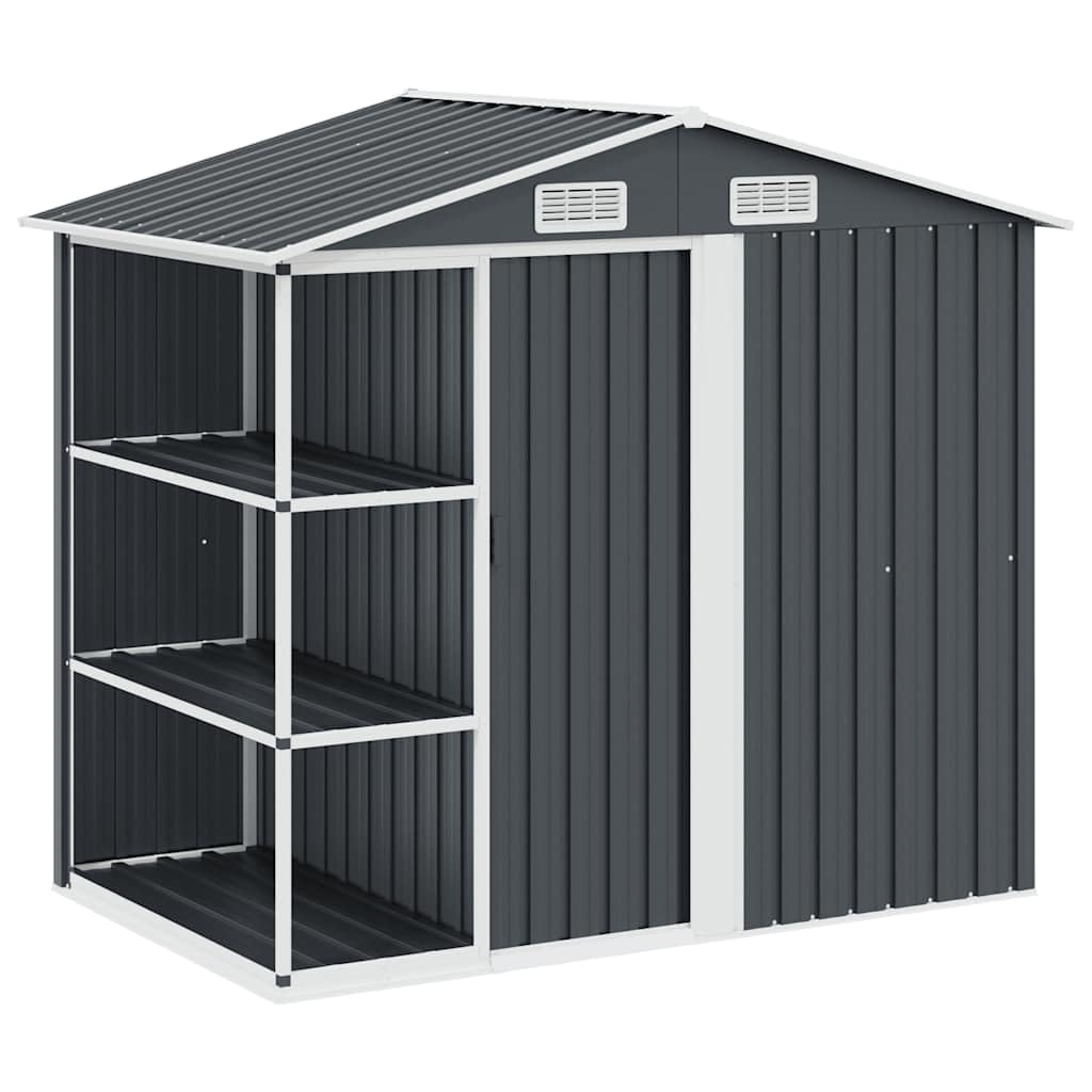 Domek ogrodowy z regałem, antracyt, 205 x 130 x 183 cm, żelazny domek ogrodowy ze stelażem do przechowywania urządzeń ogrodowych i przedmiotów gospodarstwa domowego, wytrzymały regał stalowy do