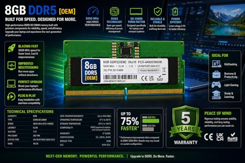 Image of 8GB DDR5 5600MHz OEM Laptop RAM Compatible with Samsung [Key Specs: PC5-44800 /5600B | 262-Pin SO-DIMM | CL46 | 1Rx16 | 1.1V | Non-ECC] | 5 Years Seller Warranty