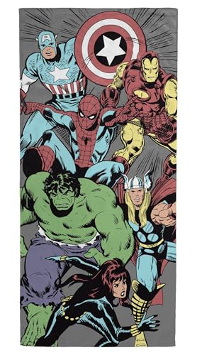 Serviette enfant Marvel Comics Avengers - Pour le bain, la plage et la piscine - 100 % coton, 71 x 147 cm - Serviette de plage fille ou garçon Spiderman, Captain America, Iron Man, Hulk, Thor