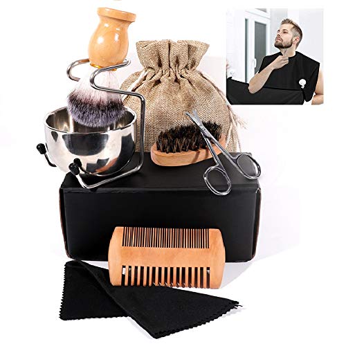 XEWEA Beard Trimmer Care Kit for Men 9Pcs Mustache Growth Grooming&Trimming Upkeep Styling Tool with Bib Boar Bristle Brush Wood Comb Scissor Storage Bag Shaving Brush Bowl Set Gifts for Dad Boyfriend