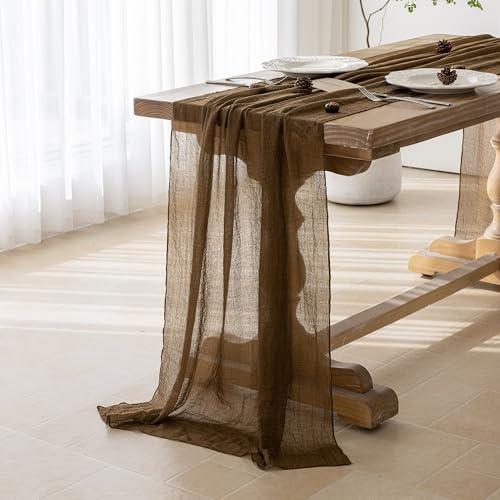 Image of 2Pcs Coffee Cheesecloth Table Runner 120 Inches for Party Home Decor | Ideal for wedding baby shower bridal shower birthday engagement party,or adding rustic boho charm to daily home.