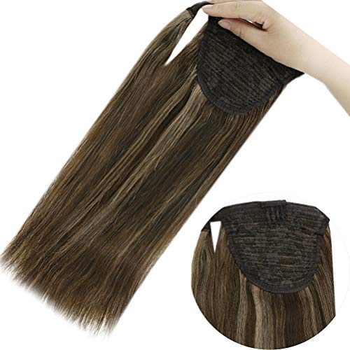 YoungSee Ponytail Extensions Human Hair 22 inch Ponytail Hair Extensions Highlight Dark Brown Mix Caramel Blonde Human Hair Ponytail Clip in Long Straight 80G