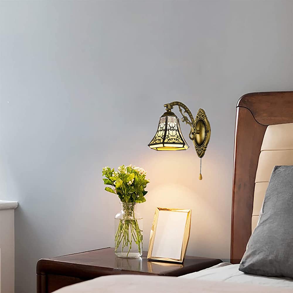 Lampada da Parete Rustica Tiffany, Paralume in Vetro da 6,3 Pollici, Lampada da Parete retrò con Interruttore a Corda, Lampada Decorativa da Parete per camere da Letto