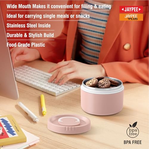 Image of Jaypee Plus Snackpac Sr. Airtight Leakproof Container 500 ml Lunch Box for School, Office, Ideal for Snacks and Meal, Keeps Food Hot & Fresh Inner Stainless Steel Easy to Carry Handle, Sanitary Pink