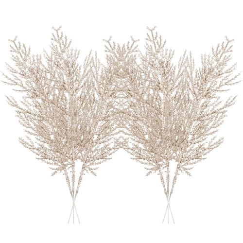 Christmas Glitter Stems 24pcs Artificial Pine Tree Picks for Christmas Tree Ornaments fillers, DIY Xmas Wreath, Crafts, Garland, Holiday, Party, Wedding and Home Decoration (Champagne Gold)