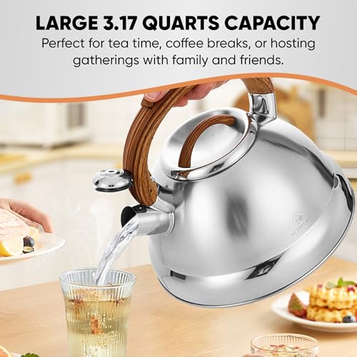 Whistling Tea Kettle for Stovetop 3.1 QT Large Stainless Steel Teapot, Warp Resistant, Wood Pattern Ergonomic Handle – For Gas, Electric, Induction & Ceramic Stove top