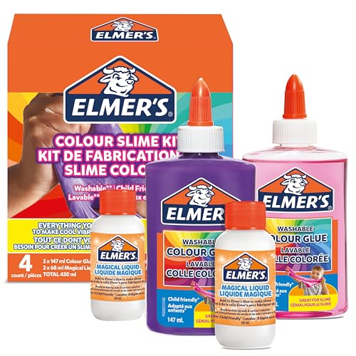 Elmers Colour Slime Kit Slime Supplies Include Washable Colour PVA Glue Assorted Colours & Magical Liquid Slime Activator Washable & Kid Friendly 4 Count