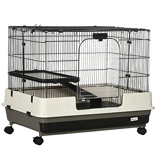 PawHut 26" Small Animal Cage with Wheels, 2-Level Portable Bunny ...