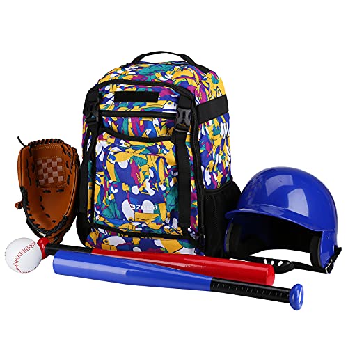 Zoea Baseball Bat Bag Backpack, T-Ball & Softball Equipment & Gear For Youth, Large Capacity Holds 2 Bats, Helmet, Gloves, Cleats, Helmet Holder And Includes Fence Hook (Purple) #TOP4