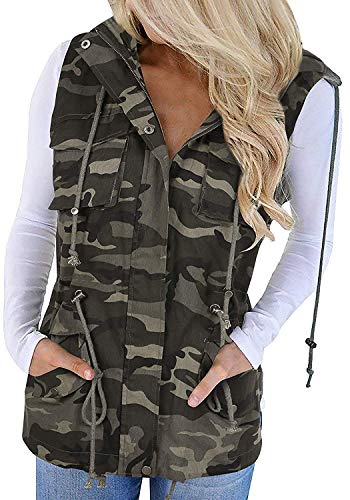 Soulomelody Womens Military Anorak Sleeveless Vest Safari Utility Drawstring Lightweight Hoodies Jacket with Pockets Camo