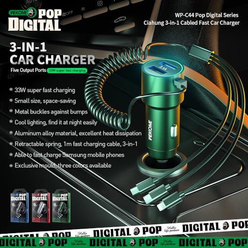 Image of WK LIFE BORN TO LIVE- 33W Car Charger Dual Ports Adapter with Stretchable Cable and 3 in 1 Fast Charging Cord for iPhone 13 /Pro Max /Pro, 12 /11, Samsung Galaxy, iPad, Camera for Most Cars (Black)