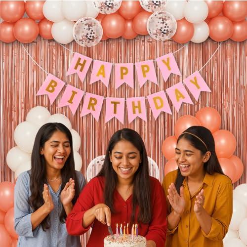 Image of Party Propz Rose Gold Birthday Decoration Kit - 39 Pcs with Happy Birthday Banner, Rose Gold Balloons, White Balloons, Foil Curtains, Confetti Ballons, Ribbons