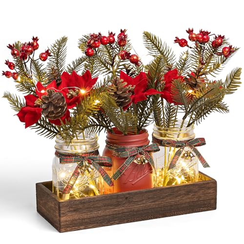 DUOER 3 Pcs Mason Jar Centerpiece Decorations for Christmas Table Decor Farmhouse Coffee Table Decor Christmas Kitchen and Room Decor,Red