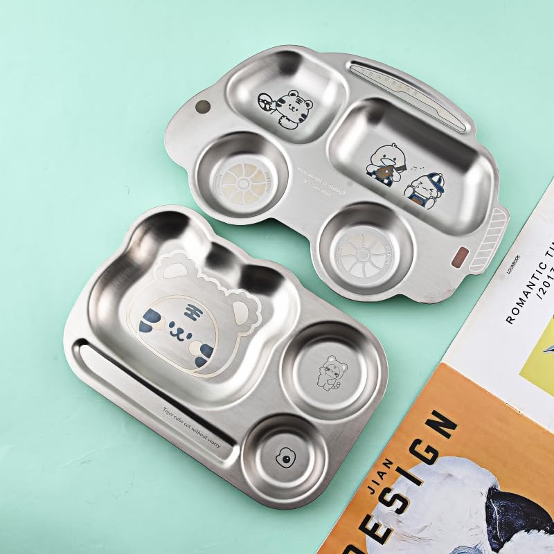 Image of Happy Hues Stainless Steel Divided Meal Plate Tray-3 Compartments Dinner Dish for Baby (Bus 02)