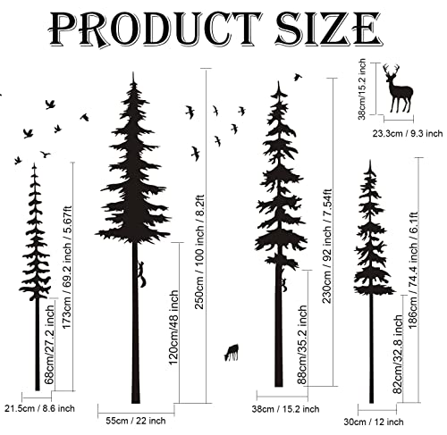 Pine Tree Wall Decals Woodland Vinyl Wall Sticker Forest Wall Decals With Animal Wall Stickers Squirrels Deers Wall Stickers For Kids Nursery Children Room Living Room Wall Decoration (Black) #TOP5