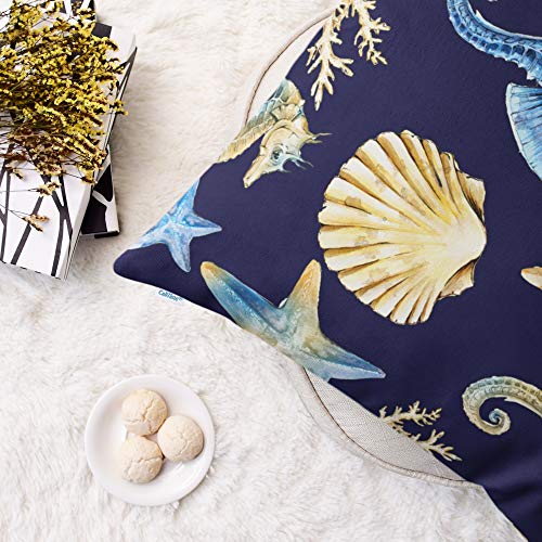 CaliTime-Throw-Pillow-Cases-Pack-of-2-Cozy-Seahorse-Conch-Shell-Coral-Starfish-Print-Cushion-Covers-for-Couch-Bed-Sofa-Farmhouse-Decoration-18-X-18-Inches-Navy-Blue 519yN3nPD4L