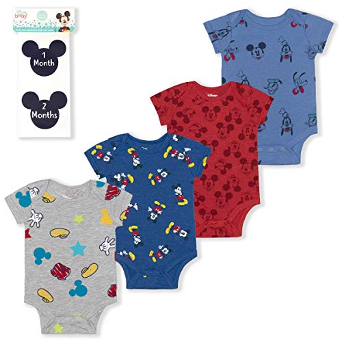 Disney Boy's 4-Pack Mickey and Friends Bodysuit Creeper Onesie with 12 Milestone Stickers, Blue, 0-12 Months