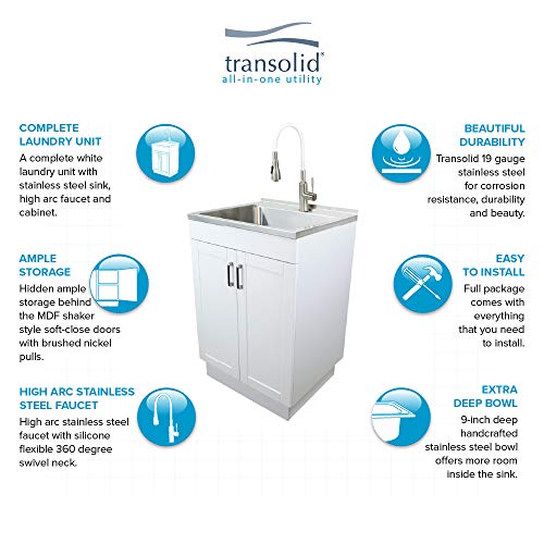Image of Transolid TCB-2420-WCW 24-in All-in-One Laundry Cabinet with Sink, Stainless Steel High Arc Faucet and Basket in White