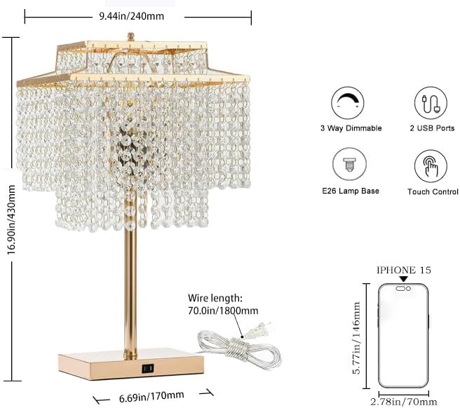 Miniatura 2 de Popity home Lámpara de mesa de cristal dorado con hermosa mesita de cama de doble cubierta lámparas de escritorio doradas con elegante pantalla de