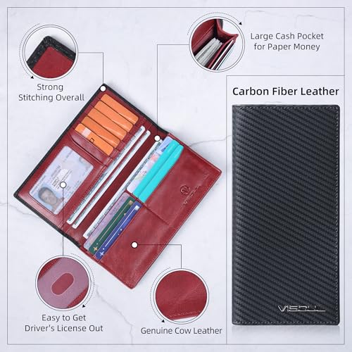Image of VISOUL Leather Checkbook Cover Wallet for Men with RFID Blocking, Mens Long Bifold Cash Tall Wallet with 11 Credit Card Slots 1 ID Window (Black+Burgundy)