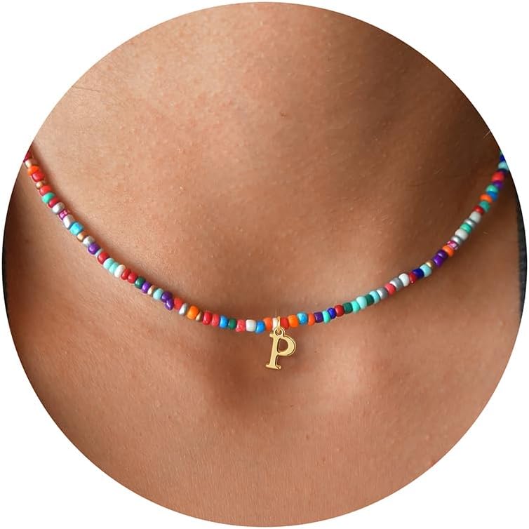 Yoosteel Easter Basket Stuffers for Teens Kids - Colorful Beaded Initial Necklace for Girls Gifts Letter A-Z Initial Choker Necklaces for Women Kids Jewelry Birthday Easter Gifts for Teen Girls