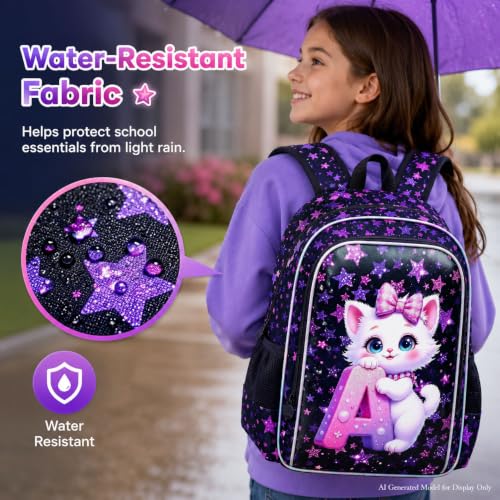 Image of CCJPX 16 inch Cat Backpack for School, 3Pcs Girls Kids Bookbag with Lunch Box, Water Resistant Elementary School Bag for Kindergarten Preschool Toddler (Black)