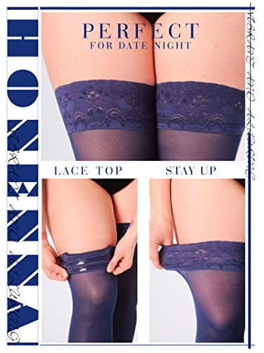 Image of HONENNA Plus Size Thigh High Stockings, Semi Sheer Stay Up Lingerie Lace Top Pantyhose for Curvy Women