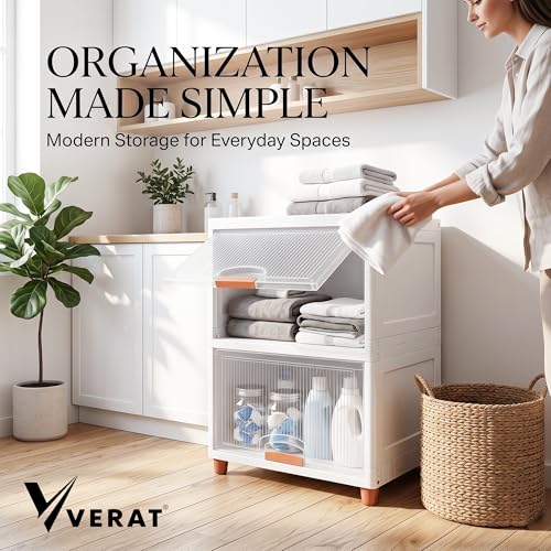 Image of VERAT 2 Tier Cupboard for Storage /Stackable Plastic Storage Cabinet /Foldable Wardrobe for Clothes /Multipurpose Storage Organizer /Closet for Bedroom /Living Room /Kitchen (Transparent & White)