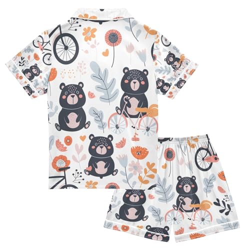 senya Bears Take Bicycles Satin Summer Pajama Sets Silk Short Sleeve Button Down Sleepwear2