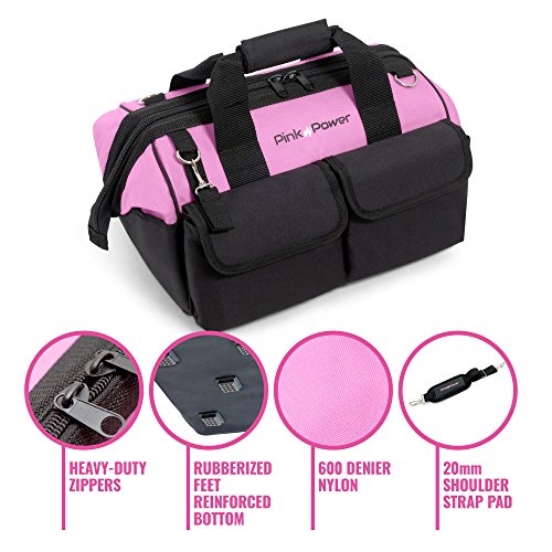 Pink Power 16” Tool Bag for Women with 22 Storage Pockets and Shoulder Strap - Thumbnail 3