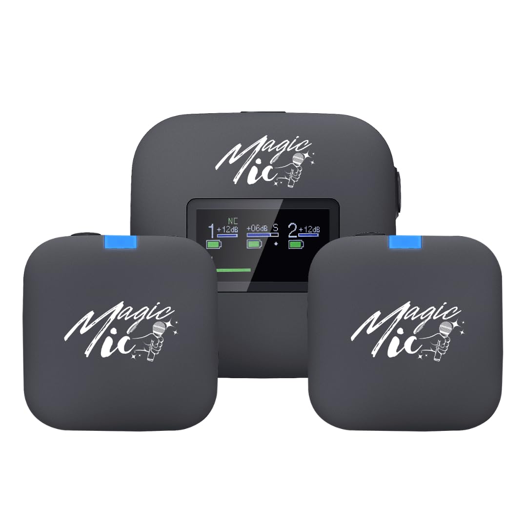 MagicMic™ 3 Pro Influencer Mikrofon Set LCD-Display, KI Geräuschunterdrückung, 20h Akku Stereo/Mono Modus, Lautstärkeregelung Kabelloses Mic für iPhone, Android, PC, YouTube, Vlogs (2 TX + 1 RX)