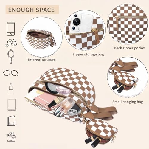 Image of Checkered Crossbody Bum Bags for Women, Nylon Sling Bags with Shoulder Strap, Large Capacity Checkered Purse Bag