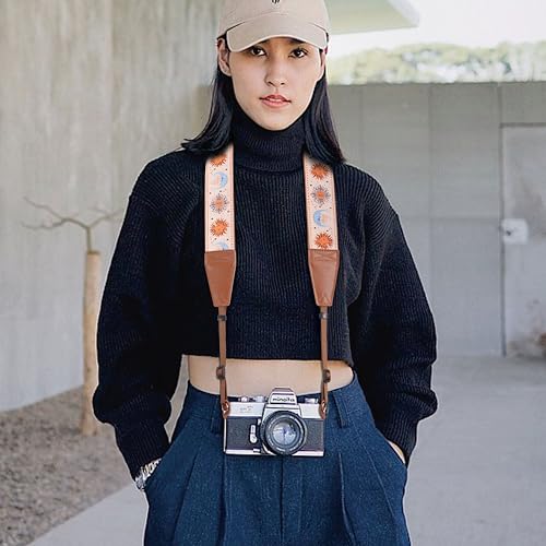 Image of Padwa Lifestyle Tan Sun God Camera Strap - 2 inch Full Grain Leather Ends Camera Straps for Photographers, Vintage Embroidered Cotton Soft Suede Fabric Padded Strap Quick Release fits All Cameras