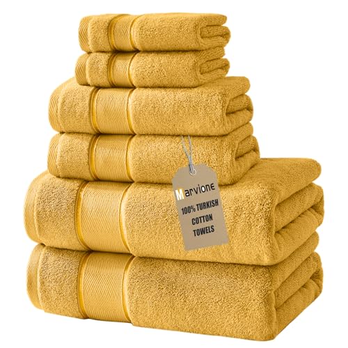 Marvione Bath Towels Set 6 Piece 100% Turkish Cotton Highly Absorbent and Soft Towels for Bathroom 2 Bath Towels 2 Hand Towels 2 Washcloths Gold