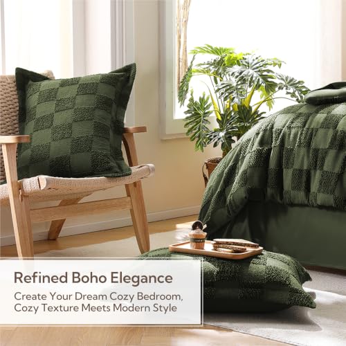 Image of MR&HM King Comforter Set 7 Pieces, Checkered Boho Bed Set Dark Olive Green | Farmhouse Vintage Bed with Plaid Geometric Design, All-Season Bed in A Bag Comforter with Sheets, Pillow Shams & Pillowcases
