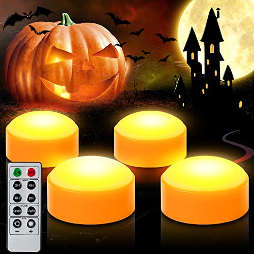 Image of 4 PCS Halloween Pumpkin LED Lights with Remote Timer Bright Flickering Battery Operated Jack-O-Lantern Electric Flameless Candles for Halloween Decorations Gift Supplies Orange Color