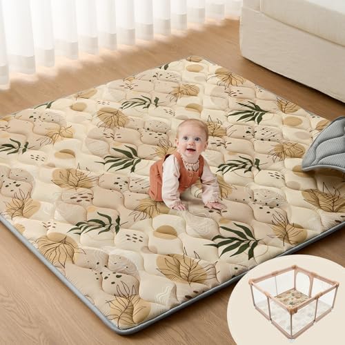 Image of Blissful Diary Baby Play Mats for Floor, 59x59 Inch Thicker and Larger Soft Cushioning Foam Playmats for Babies and Toddlers, Foldable Washable Baby Playpen Mat, Earth Tones Design