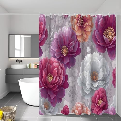 Aquarell Pfingstrose Duschvorhänge 240X200Cm Polyester Exquisite Pflanzen Duschvorhang Anti Schimmel Mit Haken Fuchsie Anti-Bakteriell Waschbar Wasserdicht Badvorhänge Für Badezimmer