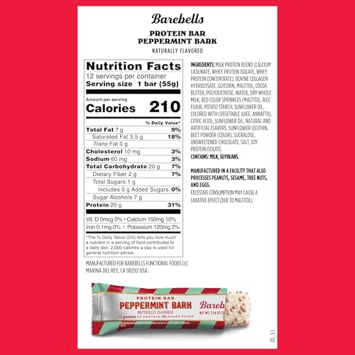 Image of Barebells Protein Bars Peppermint Bark - 24 Count (Pack of 2), 20g Protein, Creamy Vanilla Nougat with 1g Sugar, White Chocolate Coated Snack for Breakfast or Post-Workout